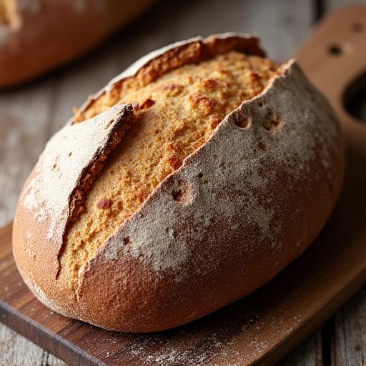 Freshly baked sourdough bread on a rustic wooden board.