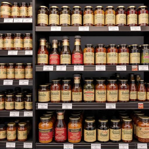 Shelves stocked with a variety of international grocery items.
