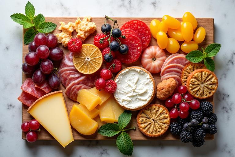 A beautifully arranged catering platter with cheeses, fruits, and meats.