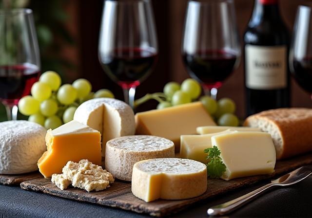 A variety of artisan cheeses and wine glasses on a table.