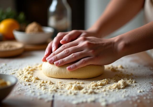 Hands kneading sourdough dough in a workshop setting.